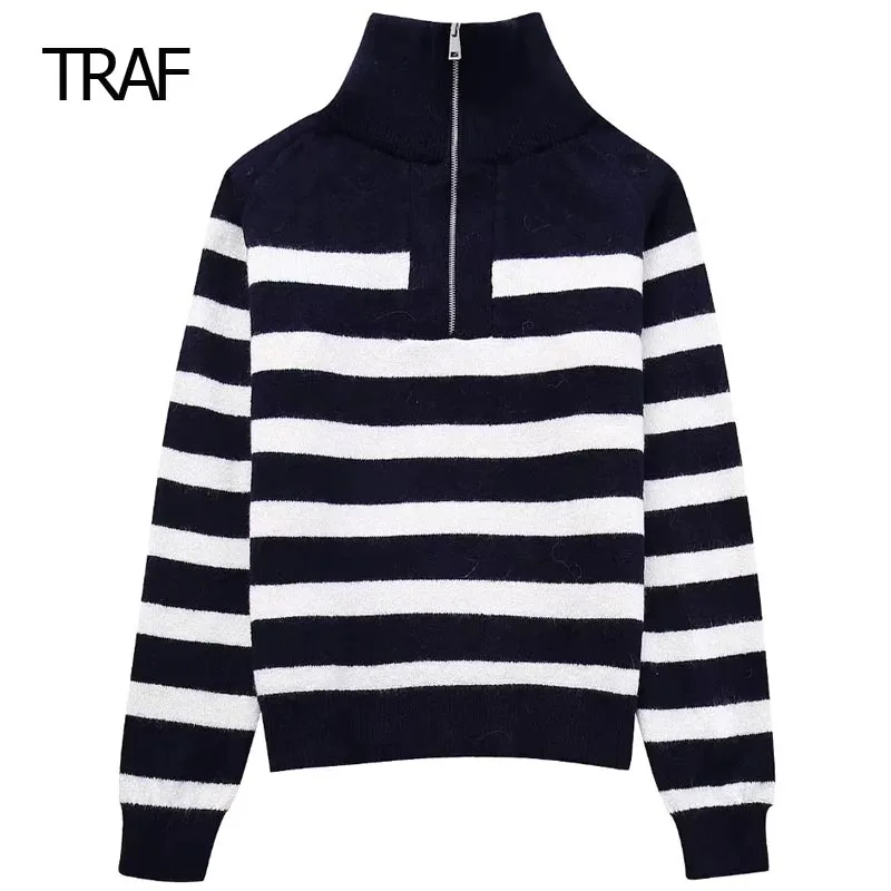 

TRAF Knitted Striped Sweater Women's Sweater Autumn Winter Turtleneck Pullovers Long Sleeve Top Women's Luxury Sweaters Marked