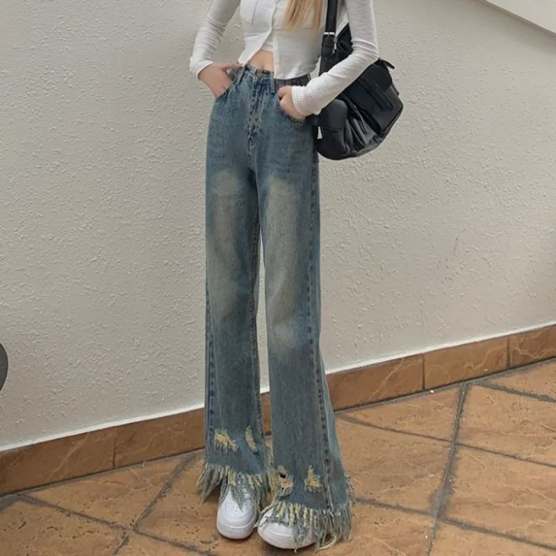 

Женские прямые джинсовые брюки с завышенной талией, в стиле ретро