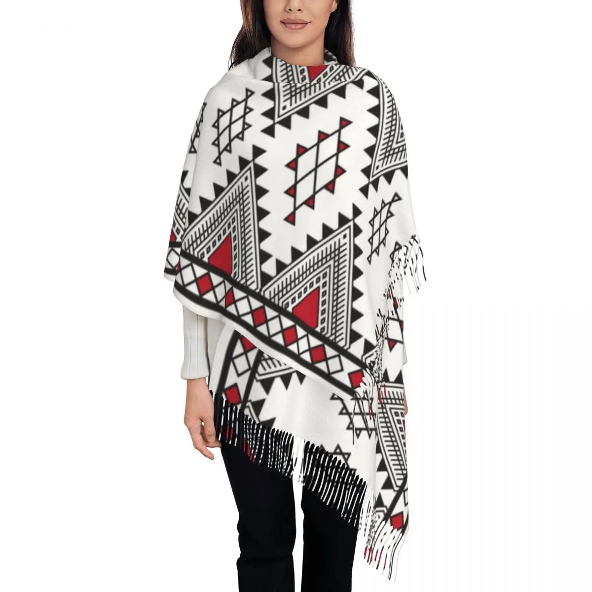 Женский шарф с этническим геометрическим рисунком осенне-зимний теплый в