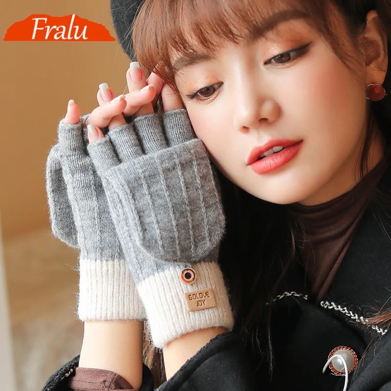 

FRALU autumn and winter knitted alpaca gloves ladies outdoor windproof warmth fingerless flip cover all-match woolen gloves