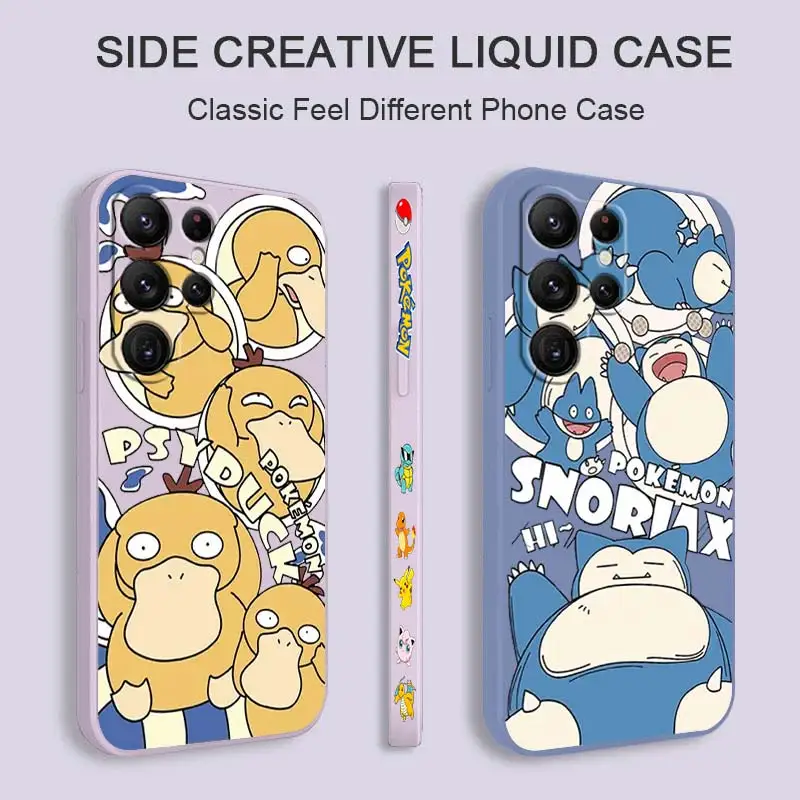 

Cute Pokemon Squirtle Psyduck Phone Case For Samsung Galaxy S23 S22 S21 S20 FE S10 Ultra Plus Lite 5G Liquid Left Rope Cover
