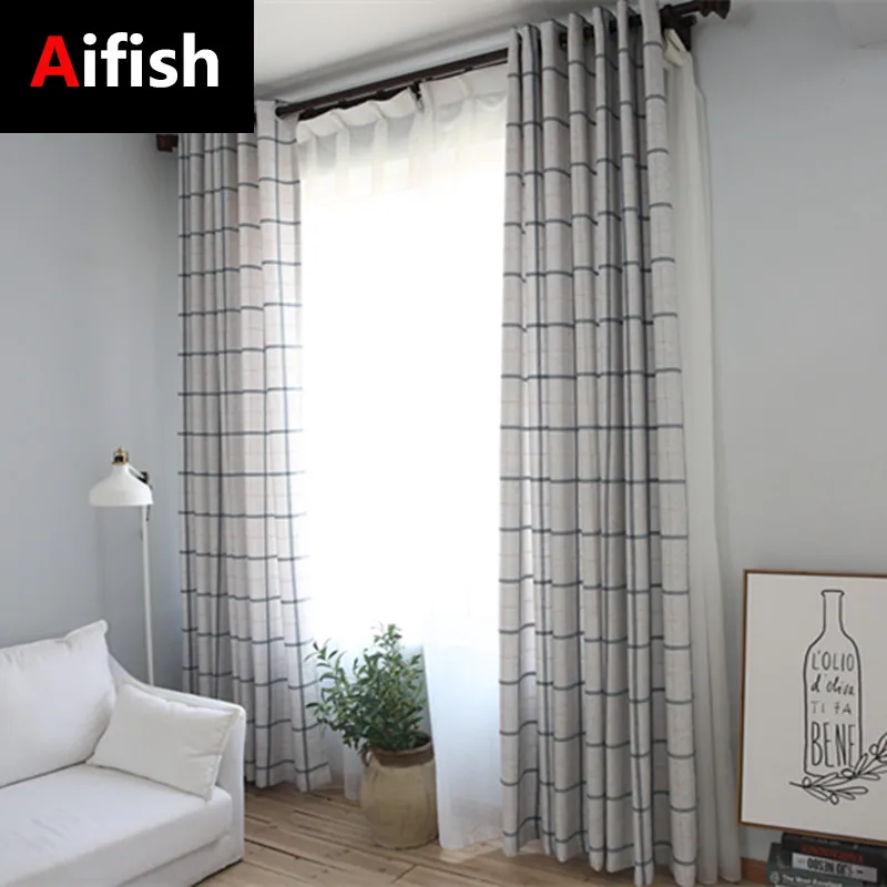 

Simple Pastoral Style Blackout Curtain Plaid Thickened Cotton Linen Shading Curtains for Living Room Bedroom Drapes#35