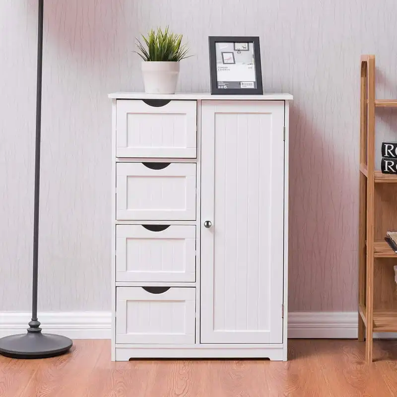 

Bathroom Floor Cabinet,Side Storage Organizer Cabinet with 4 Drawers,1 Cupboard & 2-Shelves,MDF,White