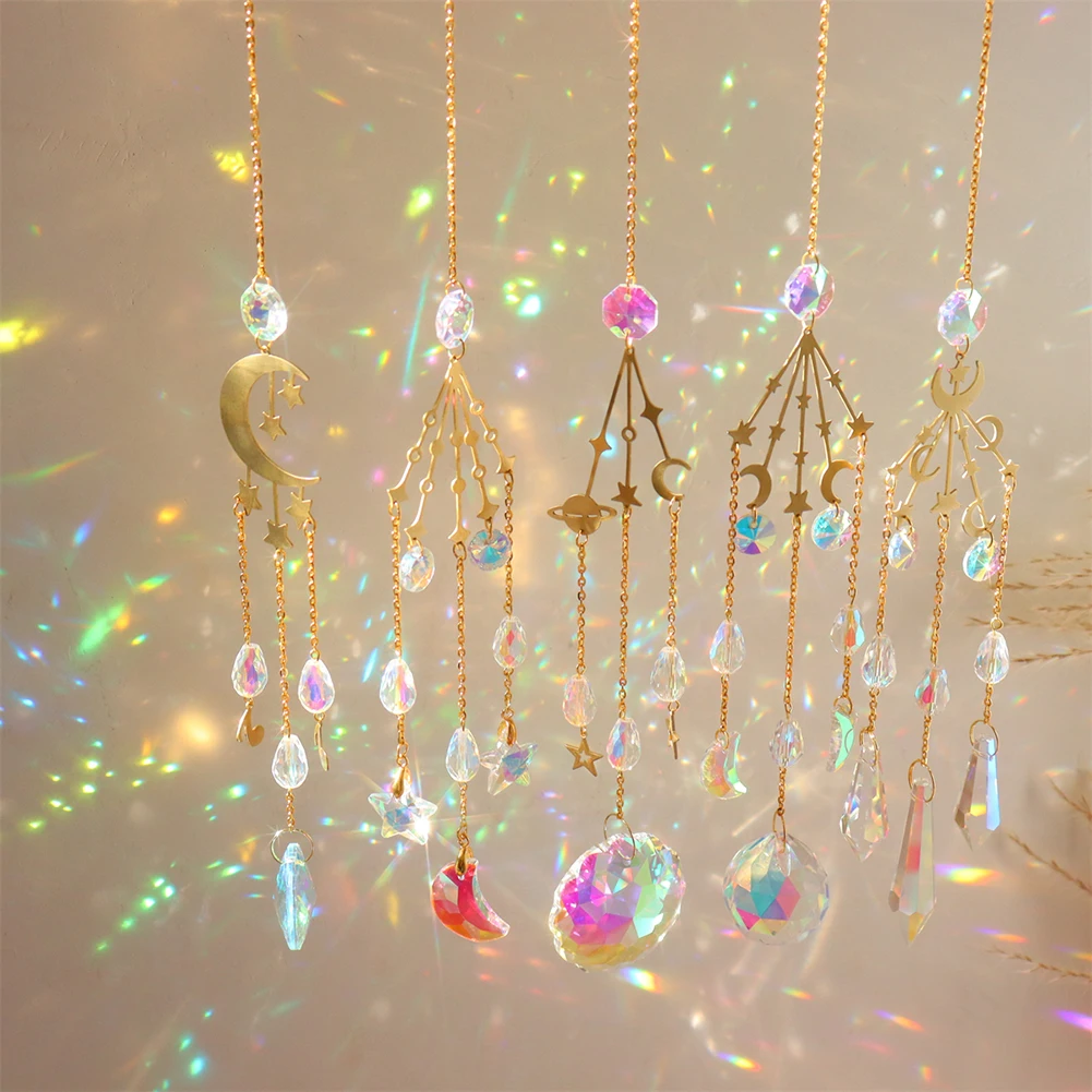 

Crystal Wind Chime Moon Star Diamond Natural Stones Light Catcher Windchimes Hanging Jewelry Curtains Home Window Garden Decor