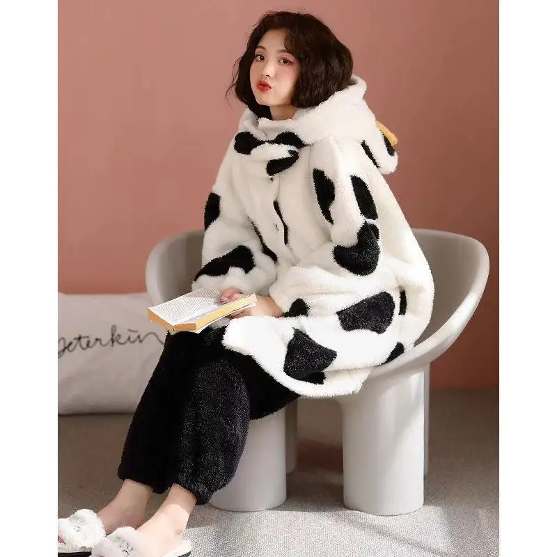 Women Winter Robes Home Clothes Flannel Sleepwear Girls Animal Fleece Pajamas Female Cartoon Cow Thick Hooded Nightgown Kawaii