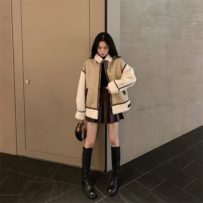 MOLAN Woman Warm Overcoat Winter Fashion New Leather Patchwork Loose Long Sleeve Locomotive Coat Zipper Female Chic Outwear Top