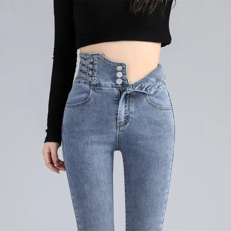 

Женские эластичные джинсы-карандаш, повседневные брюки-карандаш с высокой талией, на пуговицах, Осень-зима