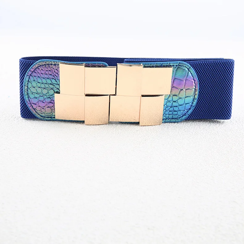 

Luxury Fashion New Metal Buckle Fashion Elastic Waistband Accessories Women's Geometric Gold Buckle Elastic Belt Royal Blue