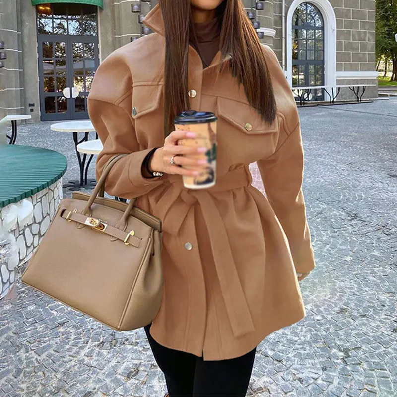 Women's 2021 Casual Fashion Loose Lapel Wool Chic Coat with Retro Long Sleeve Side Pockets Women's Coat Warm Women's Clothing