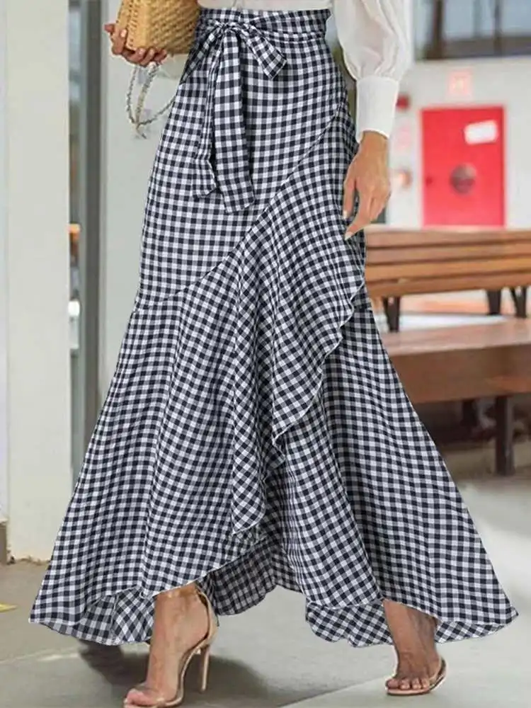 

Celmia Bohemian Maxi Skirts 2022 Summer Women Plaid Ruffles Bandage Party Faldas Casual High Waist Asymmetrical Retro Long Skirt