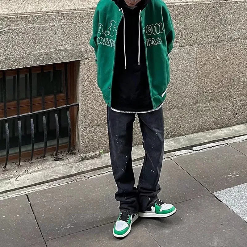 2022 High Streetwear Letter Embroidery Baggy Men Flare Jeans Pants Straight Hip Hop Black Vintage Denim Trousers Pantaloni Uomo