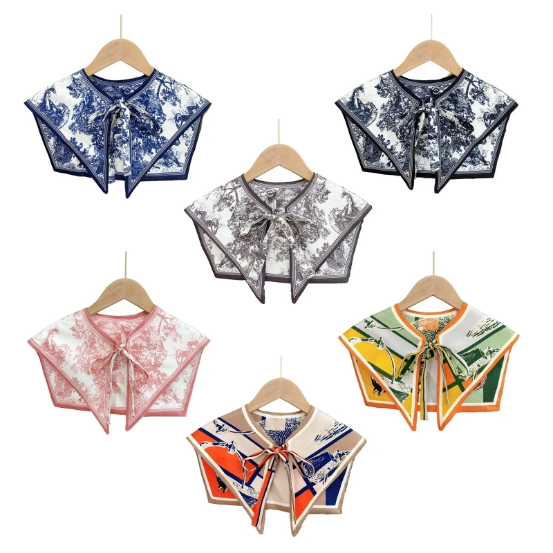 

Women Elegant Silky Scarf Detachable Collar Vintage Lion Forest Colorful Striped Shawl Wrap Bowknot Lapel Neckwear Cape