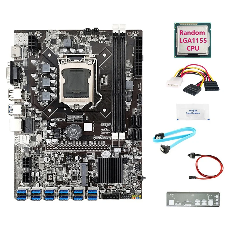 B75 12USB ETH Mining Motherboard+CPU+4PIN To SATA Cable+SATA Cable+Switch Cable+Baffle+Thermal Grease For BTC