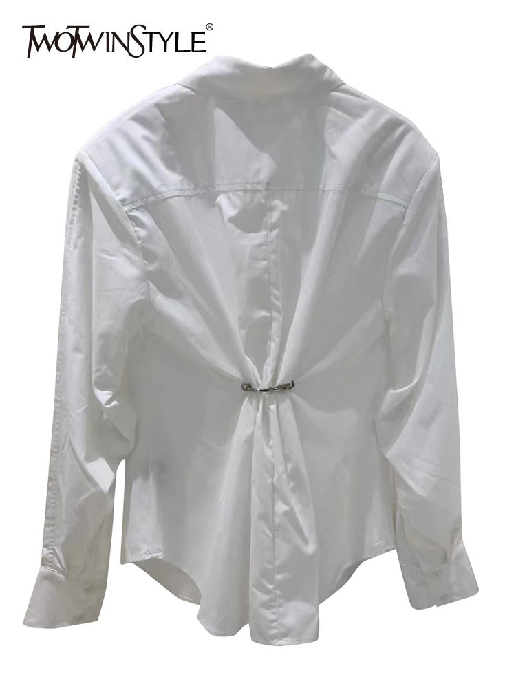 

TWOTWINSTYLE White Casual Shirt For Women Lapel Long Sleeve Solid Minimalist Button Through Blouse Female Fashion Clothing Style