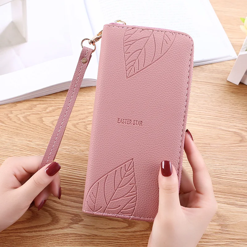 

Women Wallets PU Female Purses Wristband Leaf Print Long Wallet Zipper Leather Bag Large Capacity Bag For Women Wallet