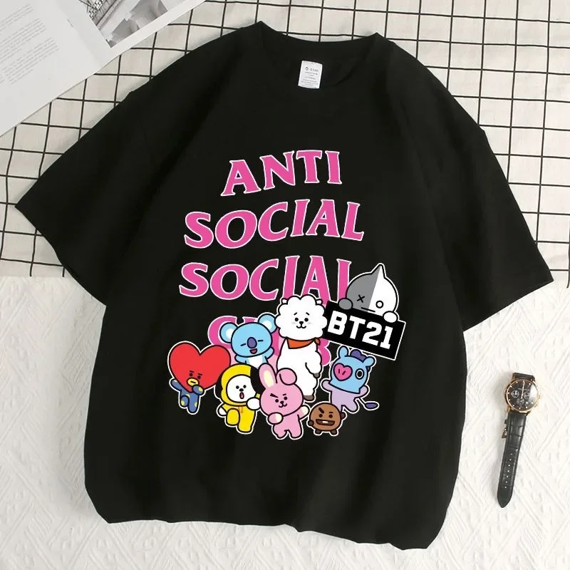 Фото Футболки с принтом BT21 в стиле аниме, милые повседневные удобные футболки с принтом, черные и белые топы, унисекс, подарки ﻿ №2