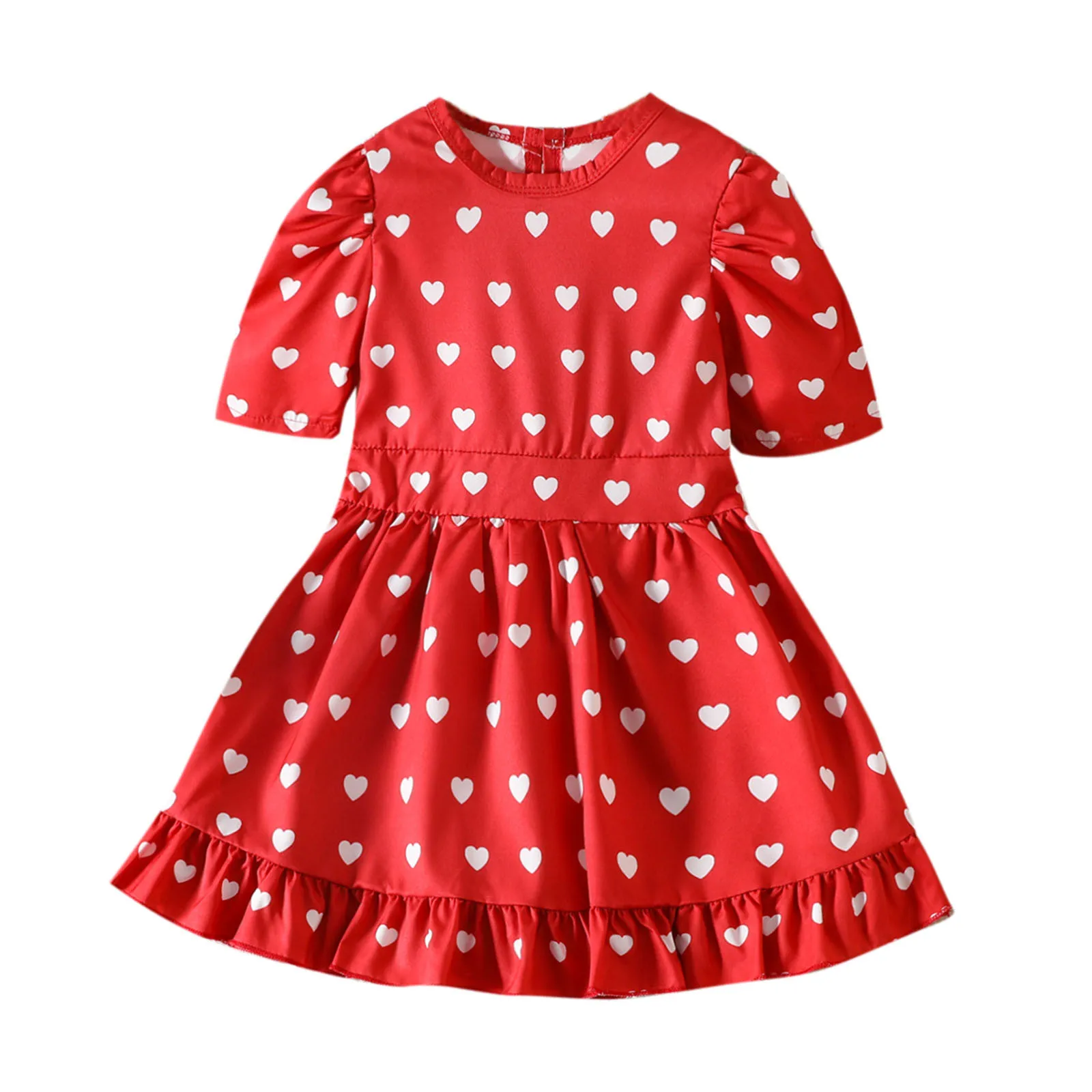 

Детское блестящее платье с коротким рукавом и принтом сердец