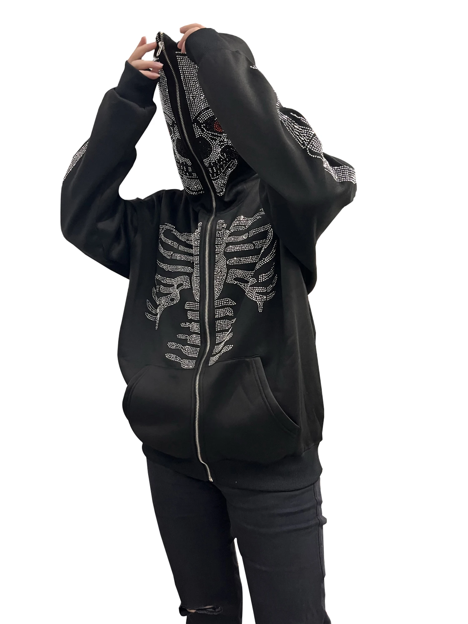 

Женская декорированная толстовка с капюшоном s Y2K стразы, куртка с принтом скелета и карманами, идеально подходит для Хэллоуина и осени