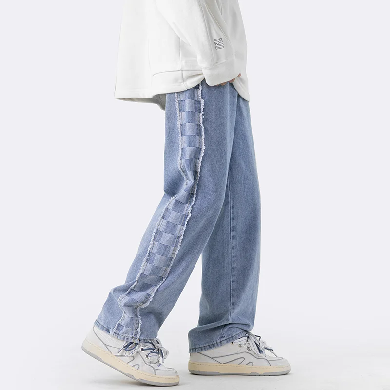 Blue Grey Baggy Jeans Men Fashion Vintage Plaid Jeans Men Japanese Streetwear Hip-hop Loose Straight Denim Pants Mens Trousers