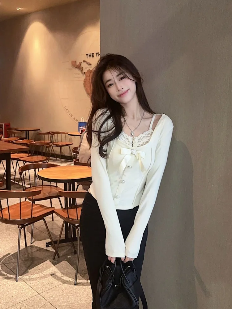 Милые кружевные лоскутные топы из двух частей с бантом женская футболка на