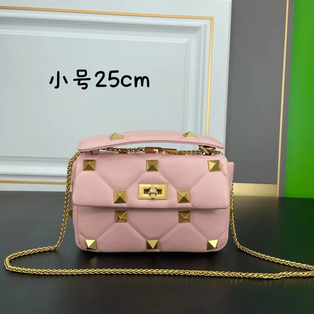 

luxury brand women's leather bag, with rivets and golden chain, shoulder bag and cross body bag, wholesale, global free shipping