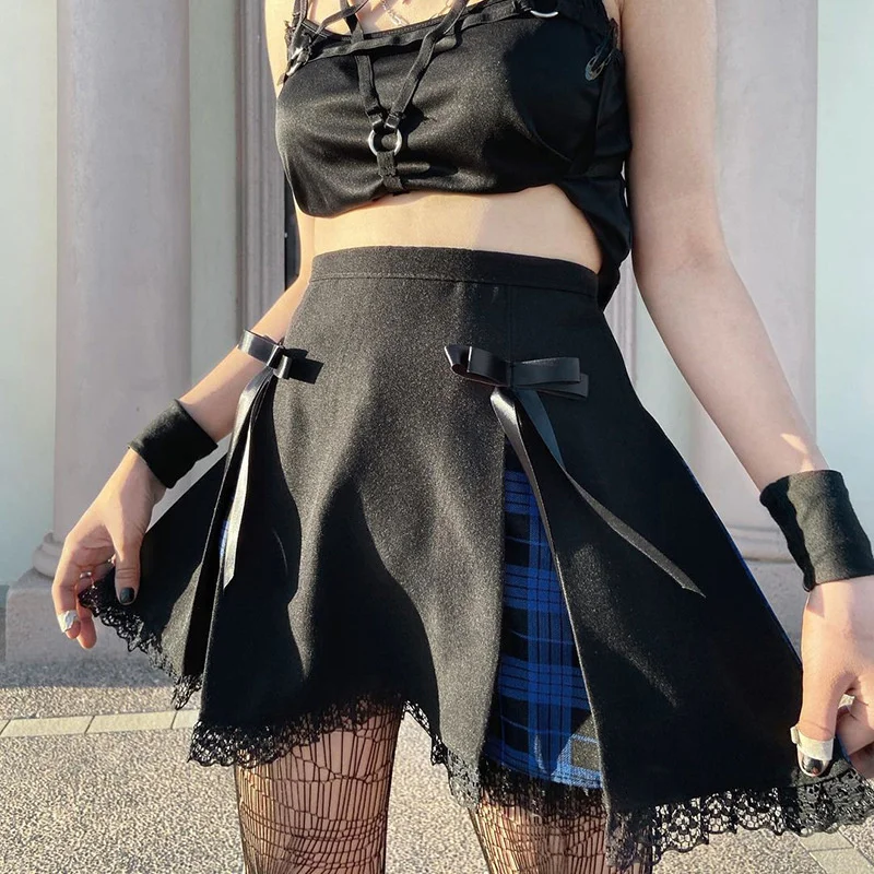 

Rosetic New Fashion Women Goth Skirt High Waist Patchwork Lattice Gothic Style Sexy Ladies A-line Mini Skirt For Spring