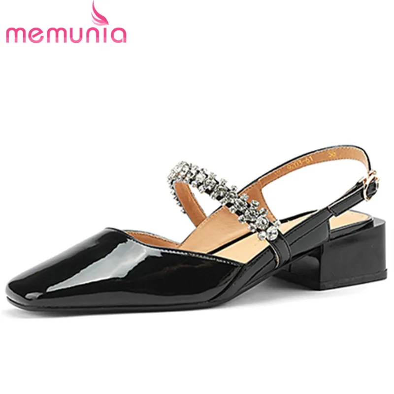 

MEMUNIA 2022 New Modern Square Med Heels Shoes Genuine Leather Solid Sandals Woman Summer Fashion Ladies Dress Shoes