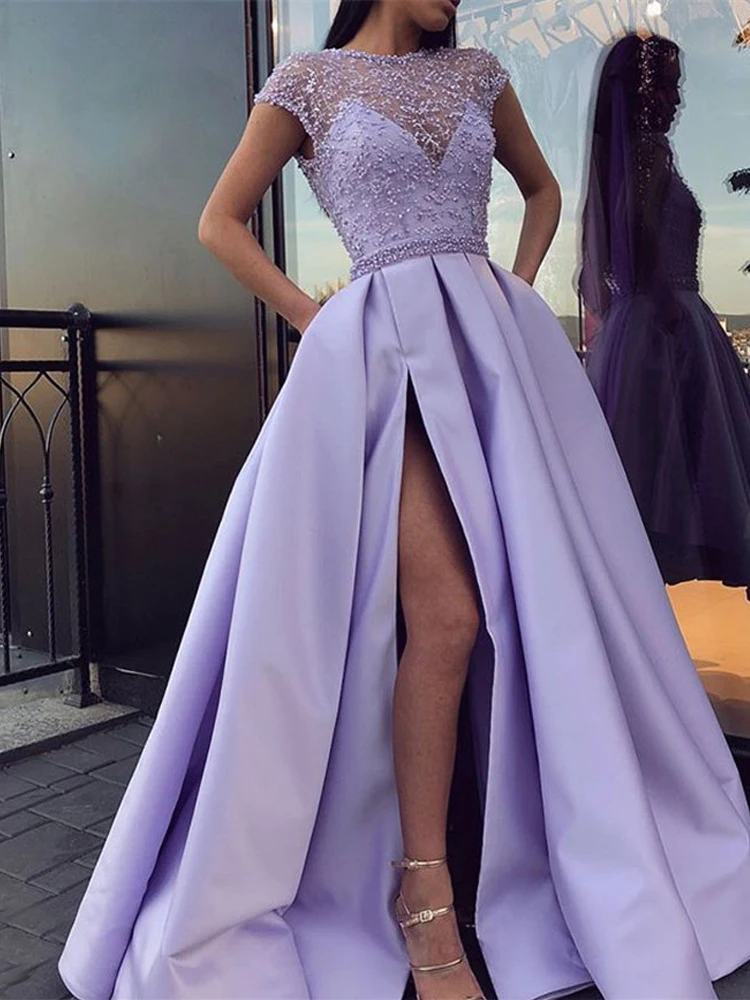 

2023 New Women's Long Lavender Prom Dress Satin Cap Sleeve A-Line Dress Sexy Side High Slit Floor Length Cocktail Party Dress