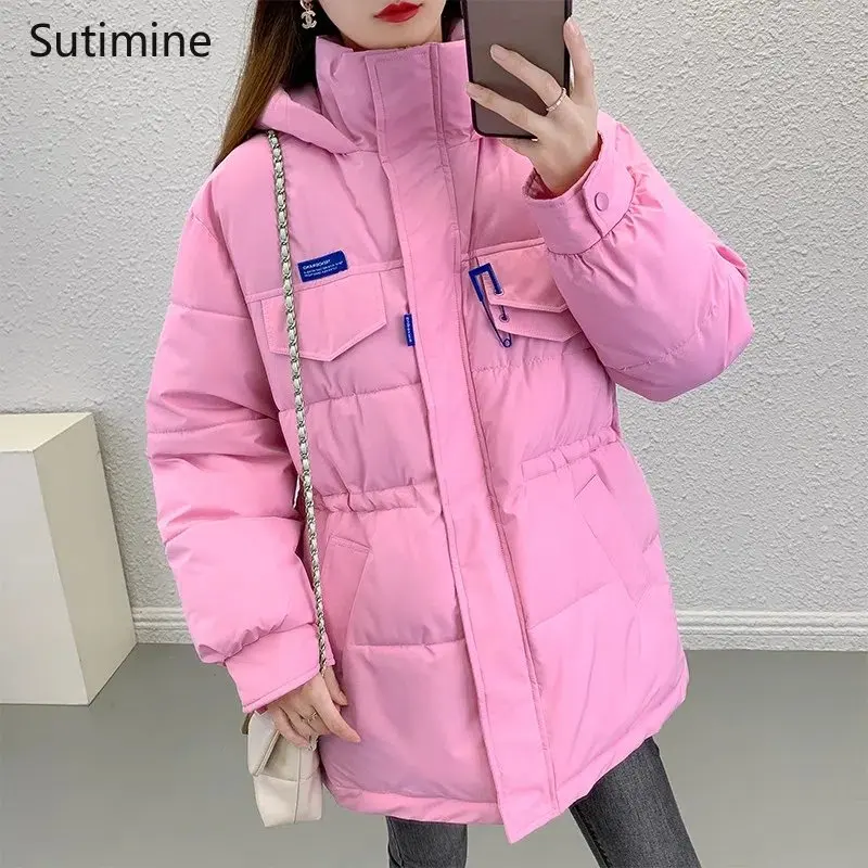 Winter Clothes Women Spliced Office Lady Down Cotton Padded Women Thick Casual Sexy Loose Coat Lace-up Drawstring Coat Women
