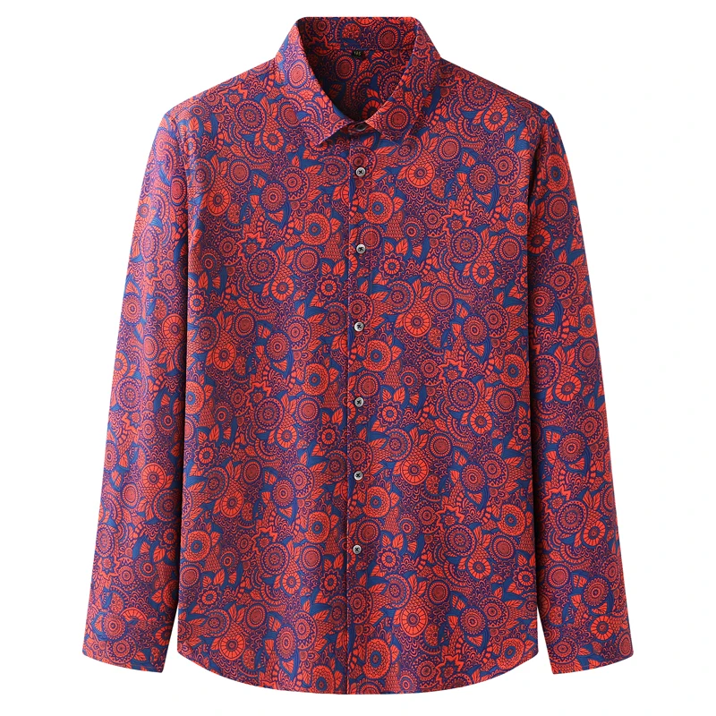 

Plus Size Autumn Men's Stretch Long Sleeves Flower Shirt Fashion Casual Stretch Fabric Loose Printed Shirt Male Brand Clothes