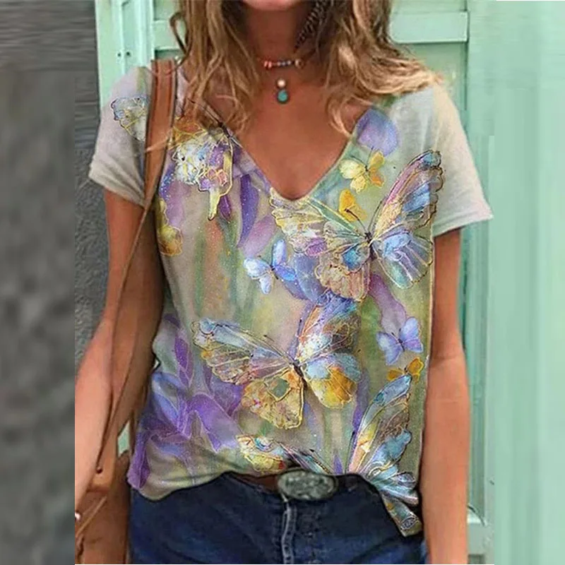 Женская футболка с цветочным принтом повседневный Свободный Топ коротким