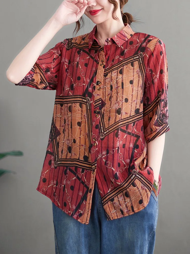 

Women Cotton Linen Casual Shirts New Arrival 2022 Summer Vintage Style Print All-match Loose Female Half Sleeve Tops Shirt B1762