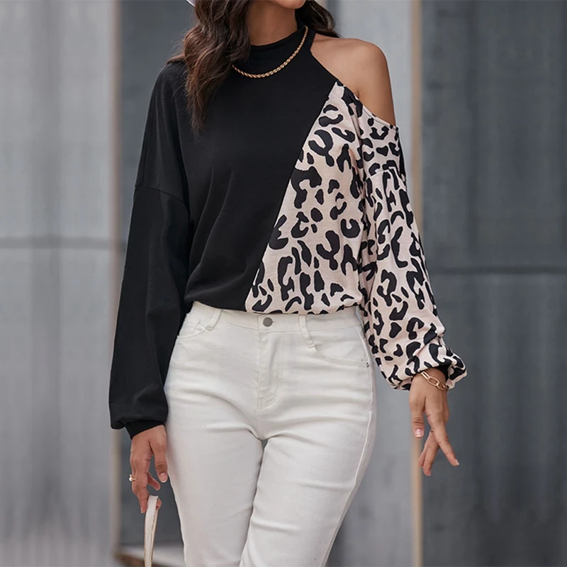 

Leopard Turtleneck Sweater Women Strapless Full Sleeve Stitching Knitted Pullovers Fall Winter Jumper Sweater Black