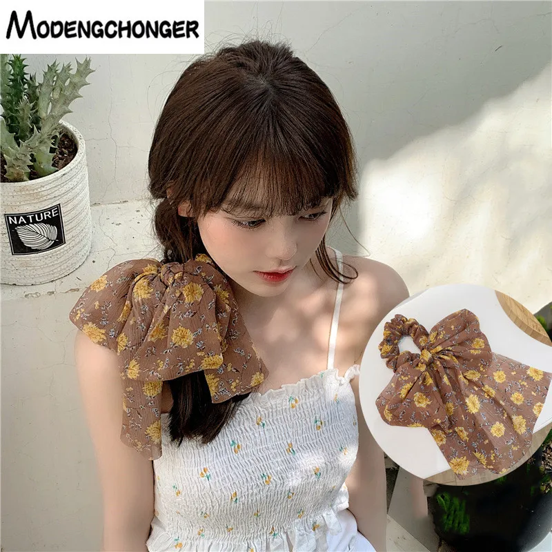 

Spring High Quality Big Bow Hair Scrunchie Fashion Floral Satin Hair Rope For Lady Hair Tie Long Ribbon Ponytail Hair Accessorie