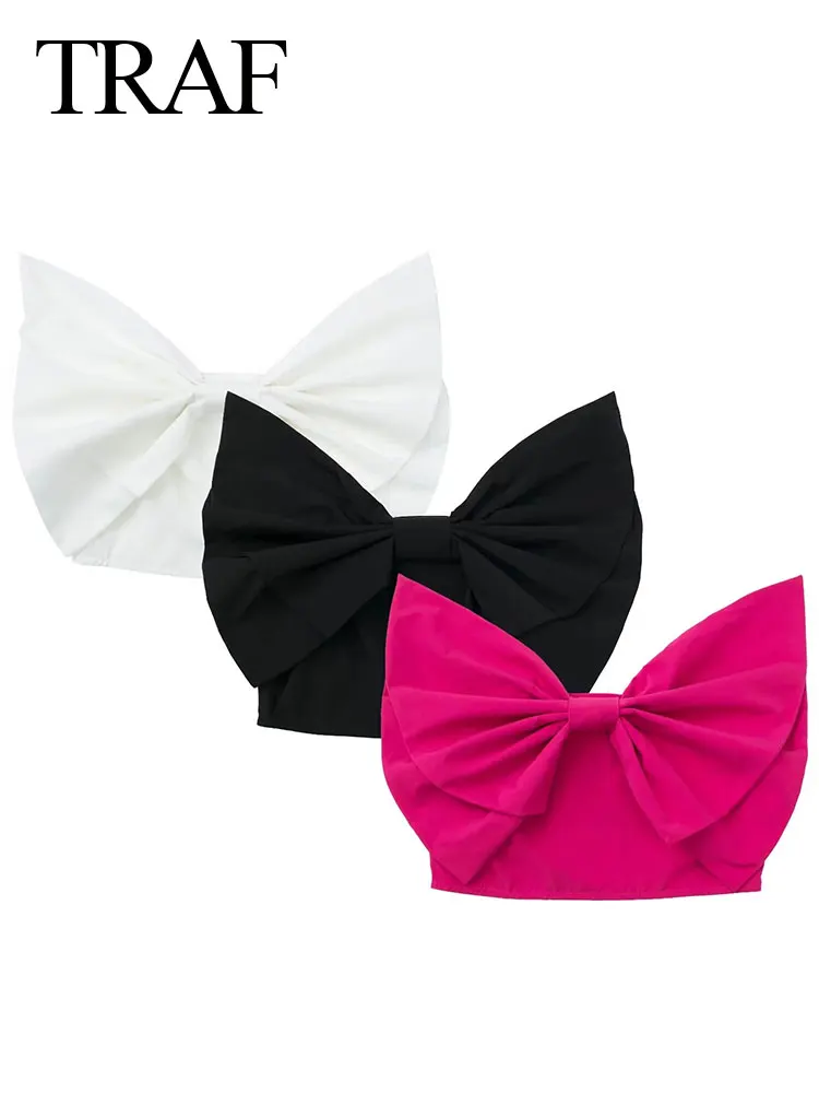 

TRAF Ladies Summer Strapless Tube Top Short Vest Open Back Solid Color Top Bow Girly Style Sweet Tight Sexy Vest Street Wear