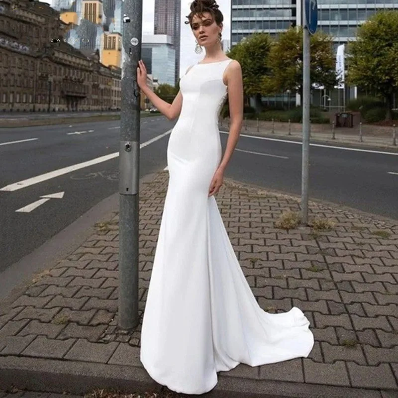 

Женское свадебное платье с юбкой-годе, длинное платье невесты с О-образным вырезом, пятнистым бисером, открытой спиной, без рукавов, со шлейф...