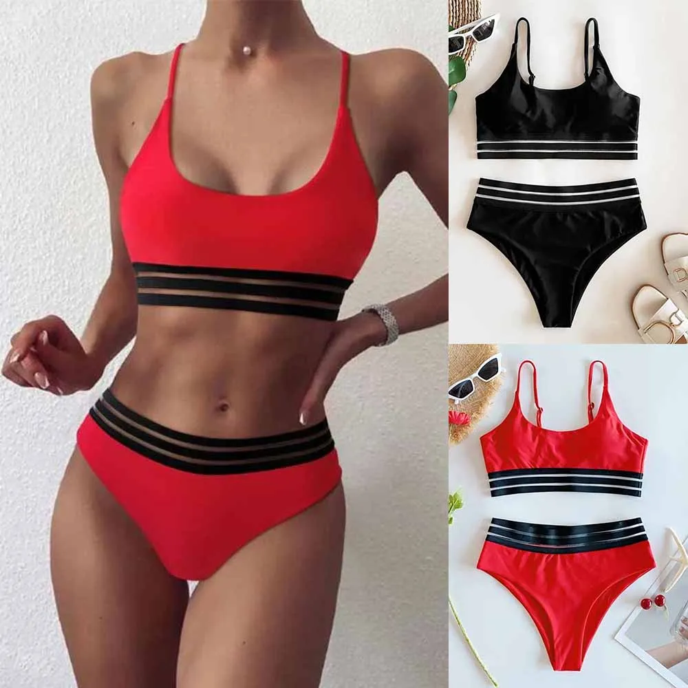 

Sexy Female Brazilian Bikini Swimsuit Push-up Bra Two-piece Solid Color Stitching Suit High-cut Beachwear Lace-up Bikini