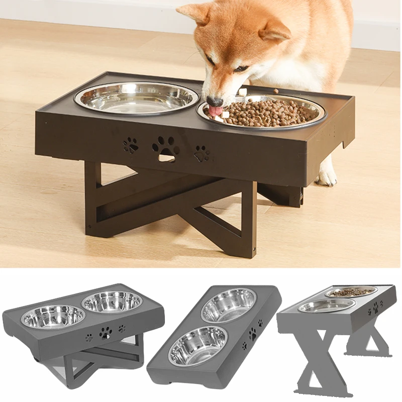 

Dogs Double Non-Slip Bowl Adjustable Heights Pet Cat Food Feeding Dish Bowls Small Medium Big Dogs Water Feeder Removable Bowl