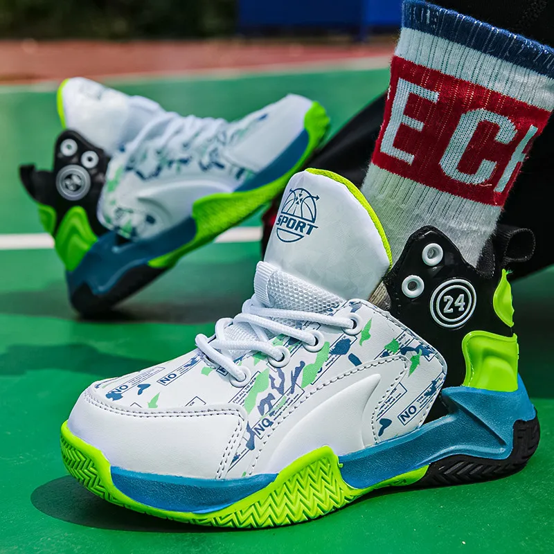 Hot Sale Leather High-top Kids Basketball Shoes Non-slip Breathable Children's Athletic Soprts Shoes Anti-Shock Sneakers For Kid