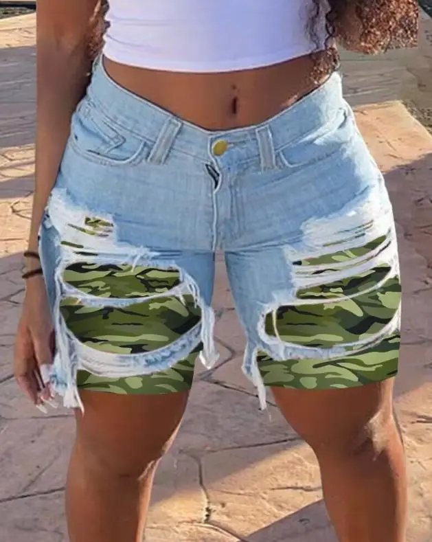 

Women's Pans 2023 Summer New Casual Fashion High Street Camouflage Print Ripped Raw Hem Denim Shorts Street Apparel Y2K