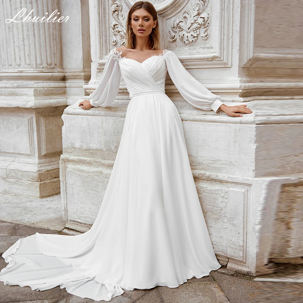 

Lhuillier Elegant A Line Scoop Neck Satin Wedding Dresses Floor Length Pleated Long Sleeves Bridal Dress with Court Train