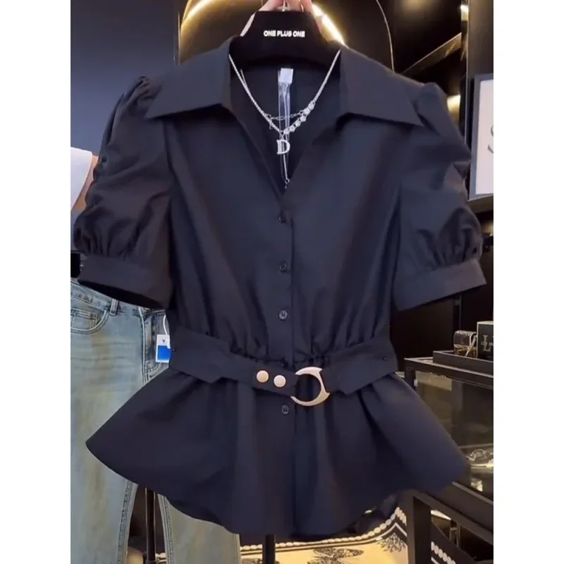 Женская рубашка с пышными рукавами и воротником-фонариком |