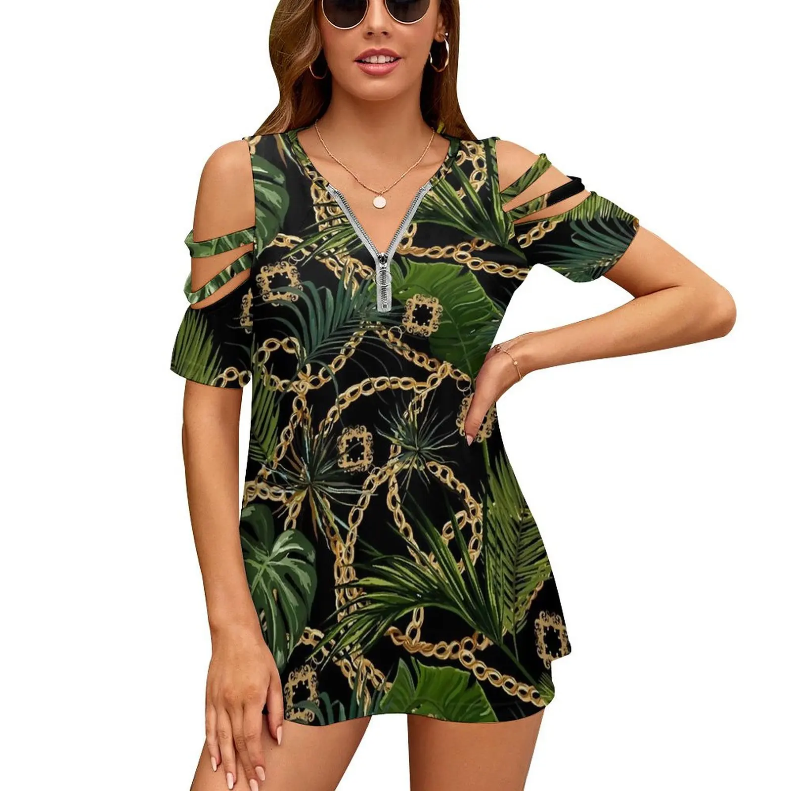 

Футболка с принтом цепей, сексуальные футболки с тропическими листьями, уличная одежда с открытыми плечами, футболка большого размера, одежда на заказ, подарок на день рождения