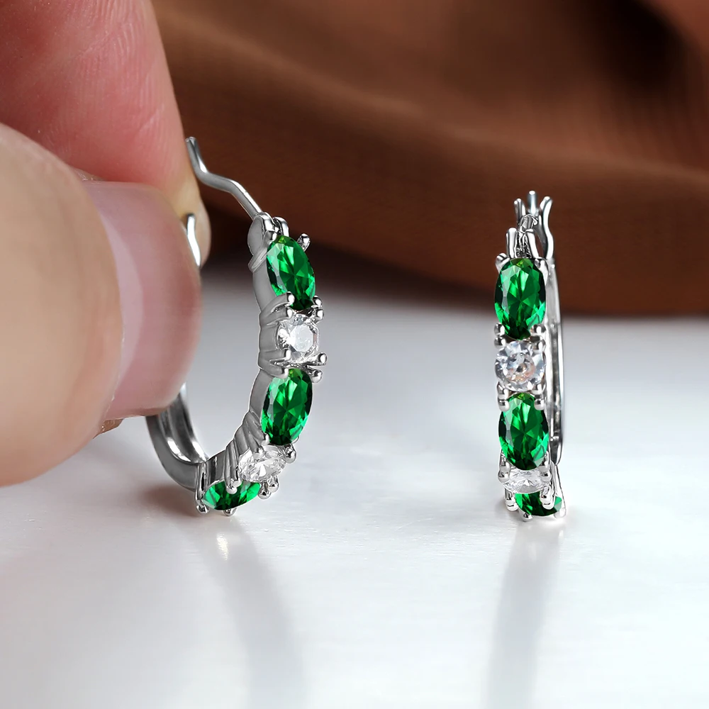 

Dainty White Green CZ Stone Hoop Earrings Silver Color Elegant Middle Birthstone Circle Earrings for Women Banquet Jewelry