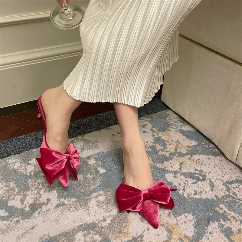 

New Women's Slippers Bowknot Cat Heel Pointed Toe Mules Ladies Low Heels Slip on Shoes Outdoor Slides Party Cute Shoes