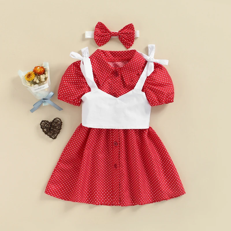 

1-6Y Summer Fashion Kids Girls 3pcs Clothes Sets Polka Dot Printed Puff Sleeve Single Breasted Shirts Dresses+Vest+Headband