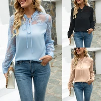2022 spring fall long sleeve lace patchwork blouse summer women solid color tops tie v neck sexy office blouses blusas mujer
