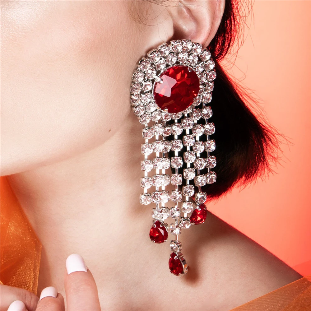 

New Fashion Big Red Gem Rhinestone Long Frtassel Earrings Bridal Wedding Ultra Flash Crystal Pendant Earring Jewelry Accessories
