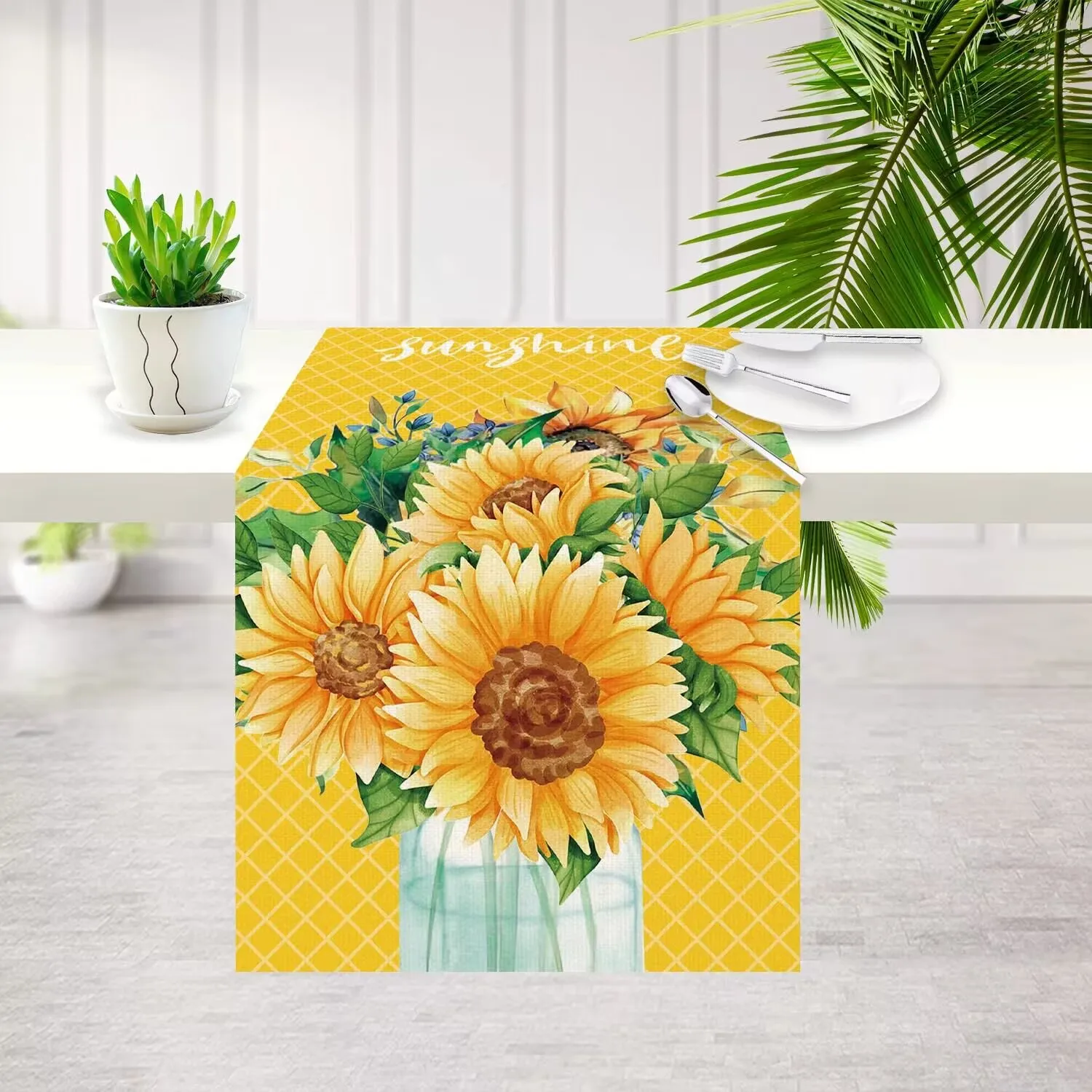 

Summer Sunflower Table Runner Cloth Watercolor Floral 12x72 Inch Seasonal Holiday Kitchen Dining Coffee Table Decoration burlap