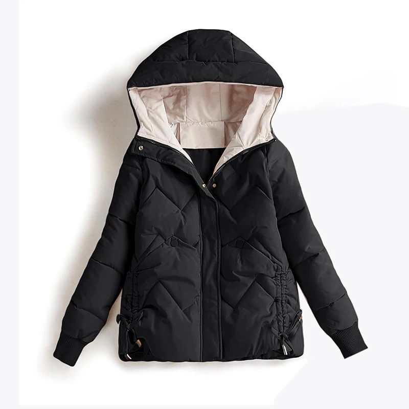 

Black Hooded Coats Women Fashion Zipper Cotton Jacket Women Elegant 2022 Autumn Winter Casual Female